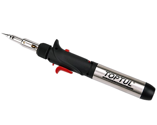 Trusa TOPTUL EGAE0801 de lipit cu gaz, temperatura funcționare 1300 Celsius, ciocan de lipit, 4 x vârfuri lipit, burete, fir fludor, capac protecție
