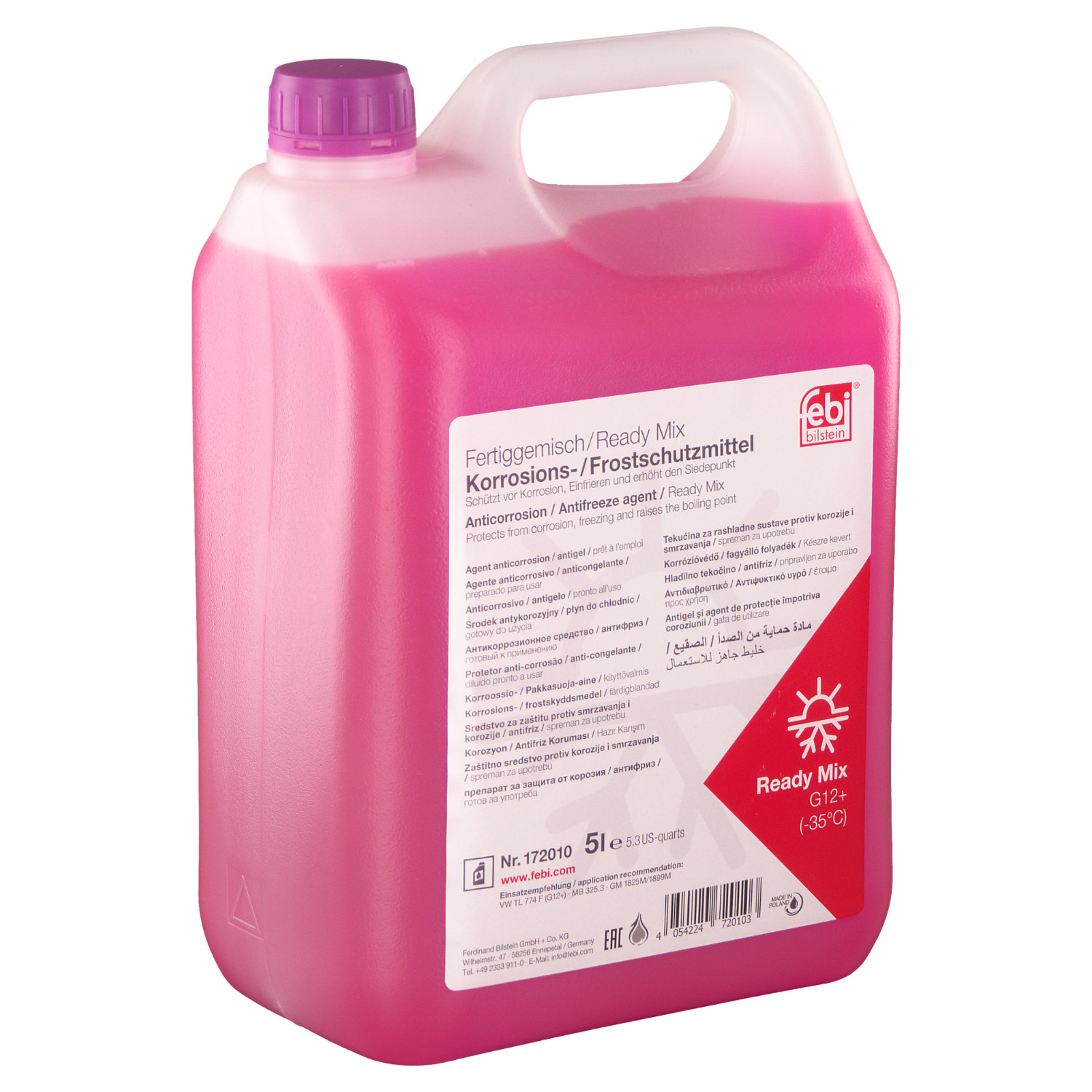 Antigel G12+ diluat (-35°C) Mov Febi 5L pentru Iveco, Fiat, Opel, Ford, VW...