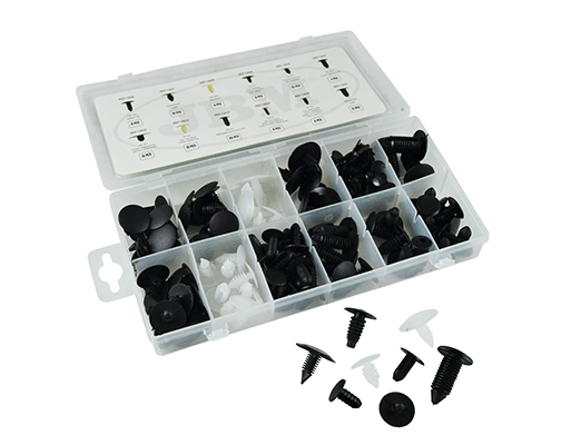 Trusa clipsuri de plastic JBM 52888, universale, negru pentru BMW, Nissan, Mazda, Opel, Ford, 128 bucăți