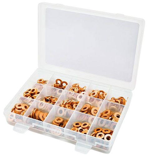 Set saibe din cupru pentru injectoare TOPTUL JGEW450A, 450 buc, diam ext 13.85-20 mm, diam int 7.3-6.4 mm, grosime 0.9-3 mm, cutie depozitare