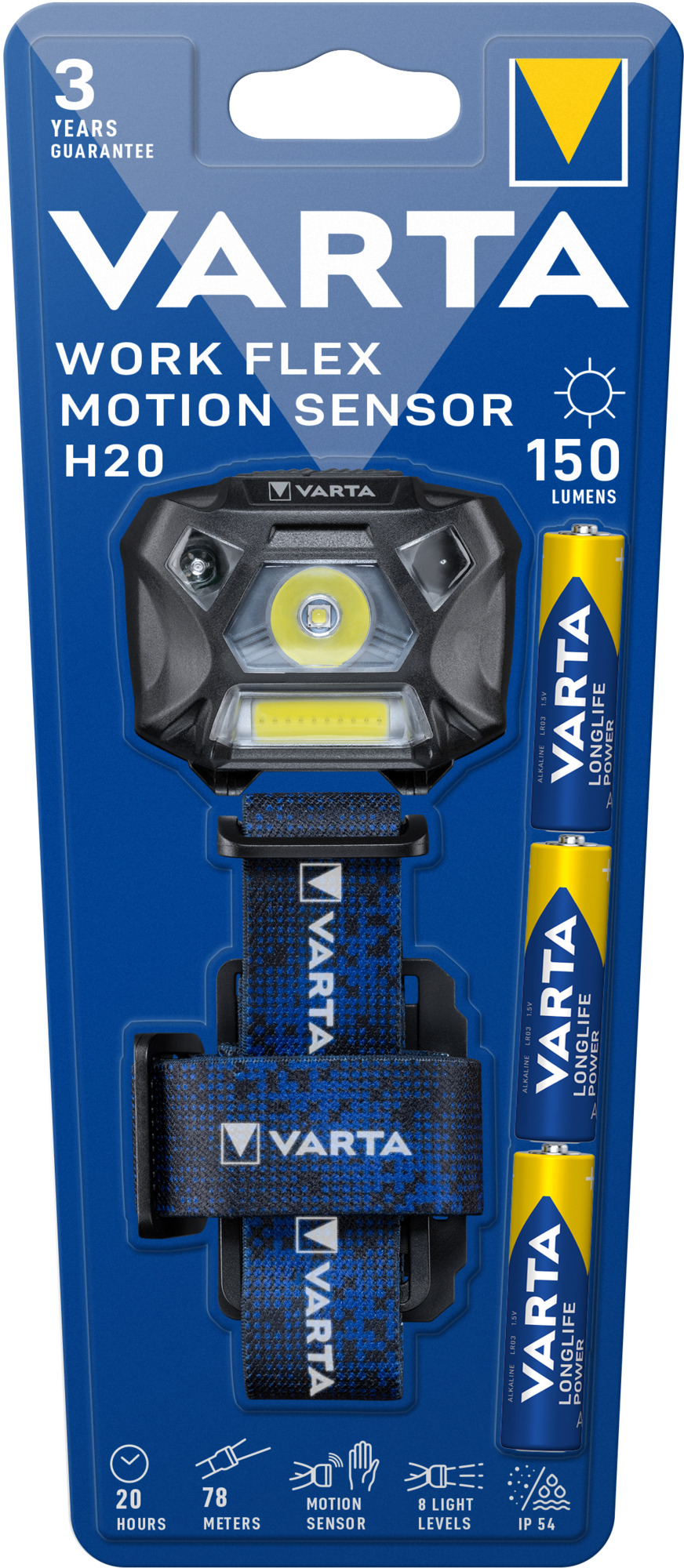 Lanterna Varta Work Flex MotionSensor H20, 1 LED XG2 4.8W, 1 LED COB 3W, 150 lm, 3xAAA, IP54