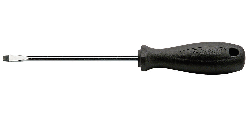 Șurubelniță UNIOR 616350 cu vârf drept, dimensiuni 1.0x5.5x100 mm, tijă crom vanadiu, vârf brunat, mâner ergonomic