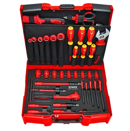 Trusa TOPTUL GCZ042A 42 scule izolate pentru vehicule electrice, clești, șurubelnițe, clichet, chei tubulare, cutie plastic ABS