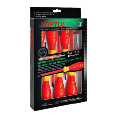 Set TOPTUL Pro-Plus GFE0701, 7 șurubelnițe izolate, 1000V, dimensiuni 4 x 100, 5.5 x 125, 6.5 x 150 mm, pentru electricieni