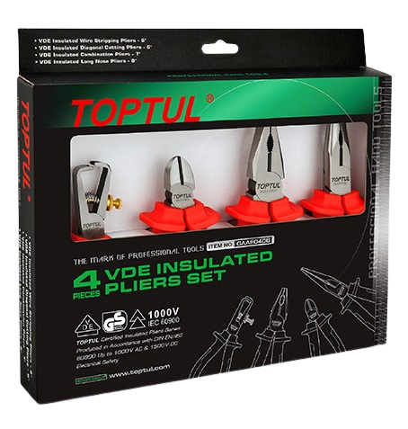 Set 4 clești izolați: TOPTUL GAAE0406, 1 x clește combinat, 1 x clește cu vârf lung, 1 x clește cu tăiere diagonală, 1 x clește pentru țevi apă