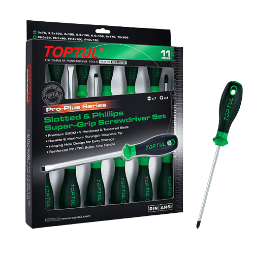 Set 11 piese surubelnite asortate TOPTUL Pro-Plus GFE1101, cu profil drept, phillips și mânere aderente