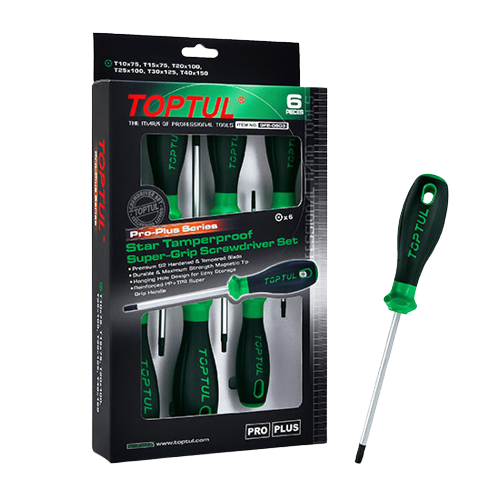 Set surubelnite torx cu gaura TOPTUL Pro-Plus GFE0603, T10x75, T15x75, T20x100, T25x100, T30x125, T40x150, maner aderent