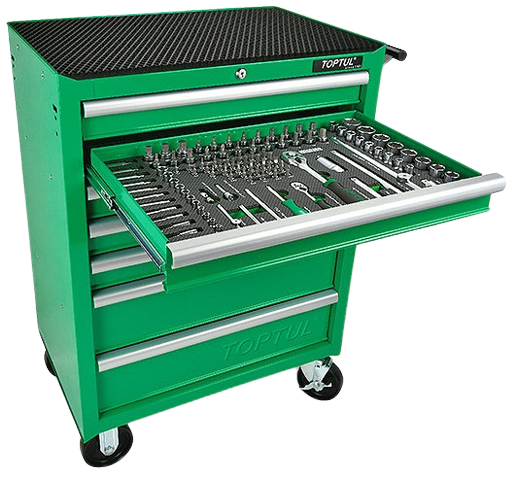 Dulap pentru scule cu 7 sertare TOPTUL GE20820, mobil cu roti pentru deplasare, verde, echipat cu 208 piese
