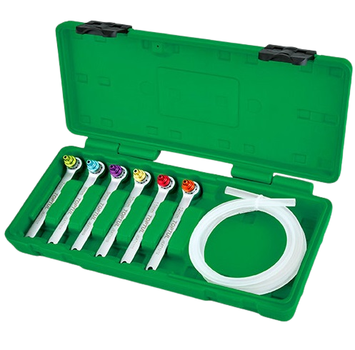 Set 7 scule pentru aerisire frane si sisteme hidraulice TOPTUL JGAI0705, 6 x chei, furtun de 1 metru, cutie de depozitare