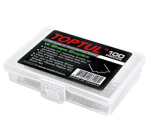 Set 100 capse TOPTUL JLAV0208 pentru reparatii plastic, forma capse W, diametru sarma 0.8 mm, otel inoxidabil