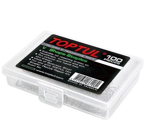 Set capse pentru reparatii plastic TOPTUL JLAV0306, model V, diametru sarma 0.6 mm, otel inoxidabil, 100 bucati