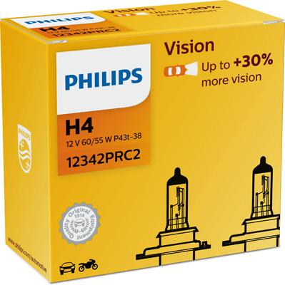 Set de 2 becuri auto H4 P43T 60/55W 12V Vision, PHILIPS 12342PRC2