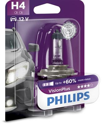Bec auto pentru far H4 P43T 60/55W 12V, Vision Plus PHILIPS 12342VPB1