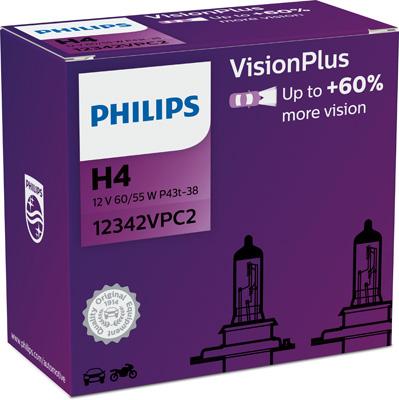 Set 2 Becuri H4 60/55W 12V pentru Faza Lungă, Vision Plus, Cutie, PHILIPS 12342VPC2