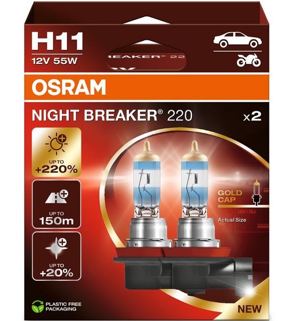 Set 2 becuri halogen auto OSRAM Night Breaker 220 H11, 64211NB220-2HB, 12V, 62W, 1350 lumeni