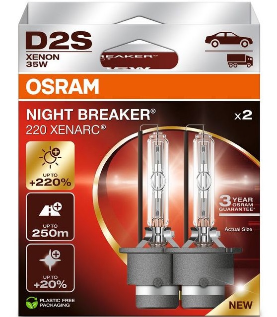 Set 2 becuri OSRAM Night Breaker 220 XENARC 66240XN2-2HB, D2S, 85V/35W, 4500K, 3200 lumeni, xenon