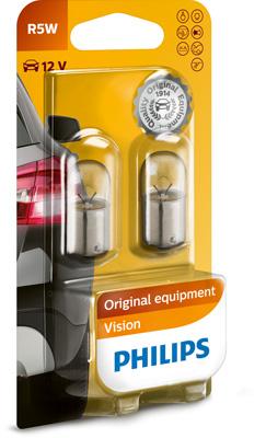 Set de 2 becuri auxiliare PHILIPS 12821B2, model R5W BA15S, 12V, ambalate în blister