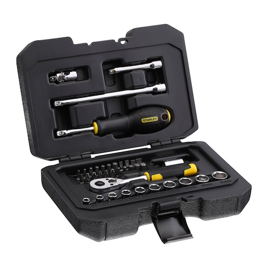 Set STANLEY de clicheți cu 72 de dinți și chei tubulare 1/4 in., cu accesorii, 38 buc