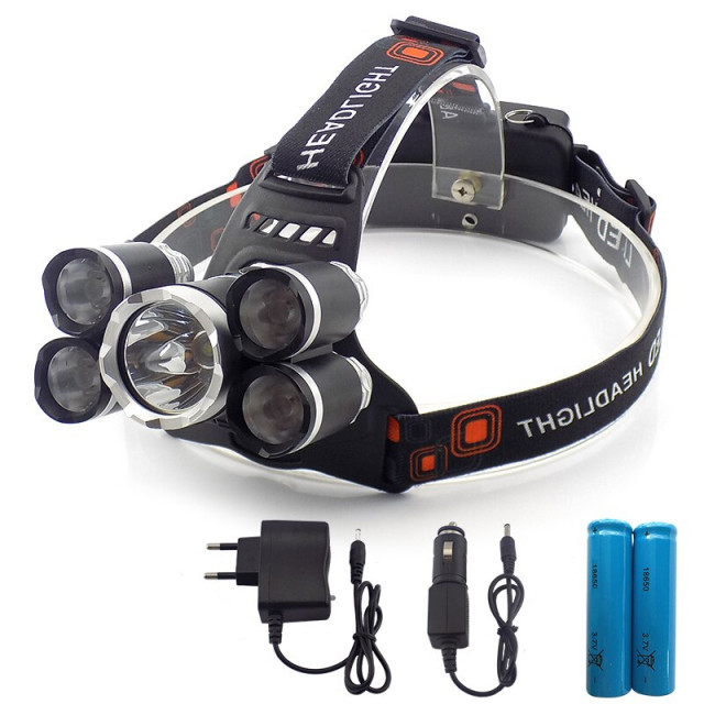 Lampă de cap cu 5 LED-uri XM-L T6/4XPE (cu baterii reîncărcabile)