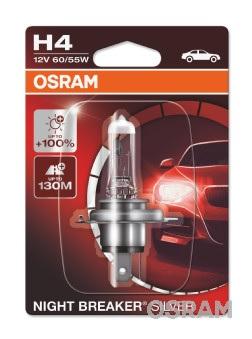 Bec auto OSRAM H4 60/55W 12V Night Breaker Silver +100% pentru faza lungă, blister, 1 bucată (cod produs: 64193NBS-01B)