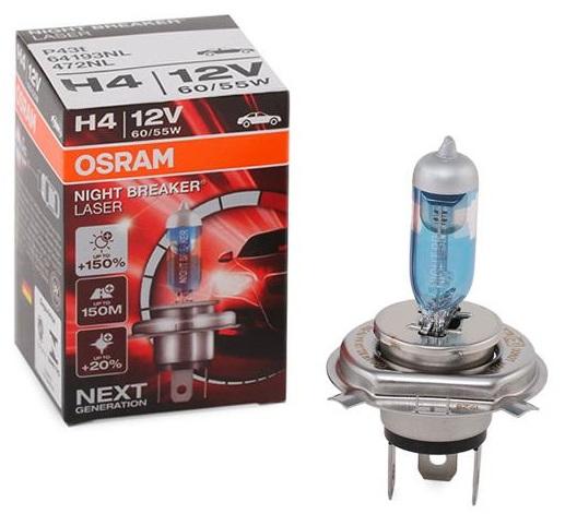 Bec Halogen OSRAM H4 pentru Fază Lungă, 12V, 60/55W, 4200K, Model 64193NL