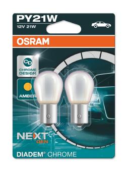 Set de 2 becuri de semnalizare OSRAM DIADEM Chrome 7507DC-02B, model PY21W, halogen, finisaj cromat, tip soclu BAU15s, putere 21W, tensiune 12V