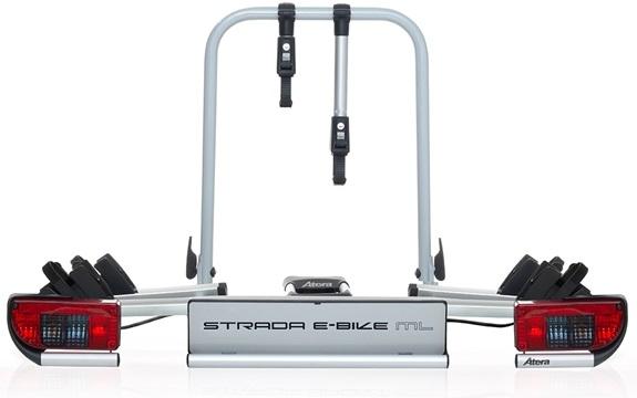 Suport rabatabil pentru 2 biciclete ATERA Strada Sport E-Bike ML 022696AT, montare pe cârlig de remorcare, cu lumini de semnalizare.