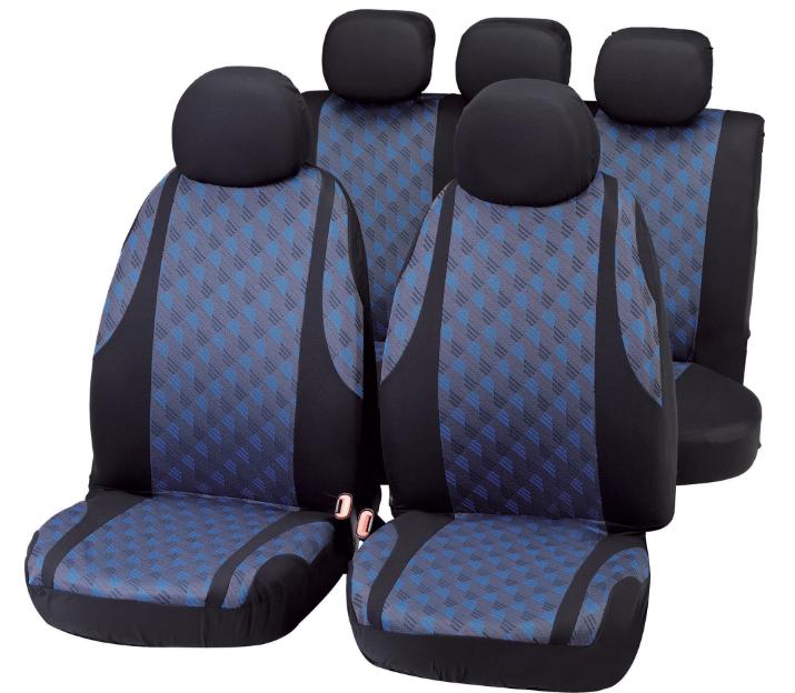 Set huse universale pentru scaune auto BOTTARI Jaquard, material textil elastic, negru/albastru, cu montare prin benzi elastice