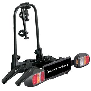 Suport pentru 2 biciclete GREEN VALLEY Discovery 3 160514-2GV, cu adaptor, montare pe cârligul de remorcare, cu sistem de semnalizare, din aluminiu și plastic, culoare neagră