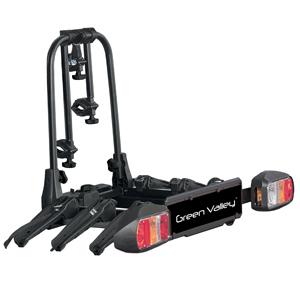 Suport auto pentru 3 biciclete GREEN VALLEY Discovery 4 160514-3GV, cu adaptor, montare pe cârlig de remorcare, cu semnalizare, aluminiu și plastic, culoare neagră.