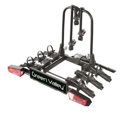 Suport auto pentru 3 biciclete GREEN VALLEY Tourer 160663-3GV, montare pe cârlig de remorcare, cu semnalizare, fabricat din aluminiu și plastic, culoare neagră.
