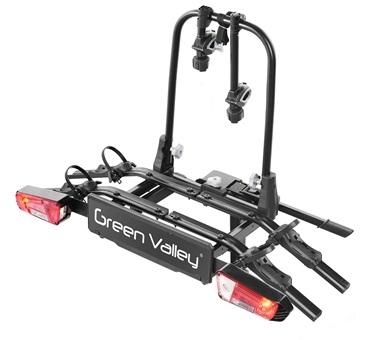 Suport auto pentru 2 biciclete GREEN VALLEY Explorer, model 160664-2GV, montare pe cârlig de remorcare, cu semnalizare, materiale din aluminiu și plastic, culoare neagră.