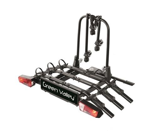 Suport auto pentru 3 biciclete GREEN VALLEY Explorer, model 160664-3GV, montare pe cârlig de remorcare, cu semnalizare, din aluminiu și plastic, culoare neagră.