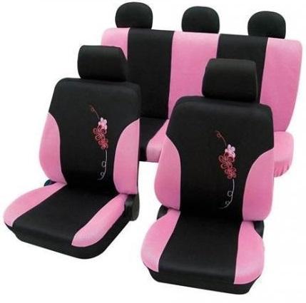 Set huse scaune auto PETEX Flower, montare față și spate, roz/negru, poliester, universale