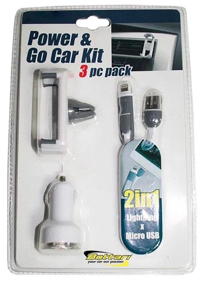 Set încărcător și suport auto pentru telefoane BOTTARI Car Kit 30099BT, montaj pe gura de ventilație, cu încărcare Lightning și Micro USB