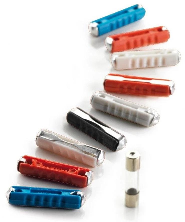 Set 10 siguranțe auto cilindrice BOTTARI 30110BT, cu valori de 2A, 5A, 8A, 16A, 25A