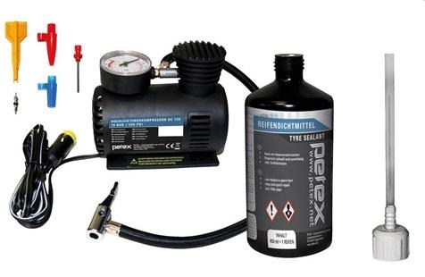 Set de reparații pentru anvelope PETEX 445100PX, compresor de aer 12V, presiune maximă 18 bar, soluție etanșantă 450 ml, dispozitiv de extragere a ventilului, 1 ventil suplimentar, 3 adaptoare pentru umflare