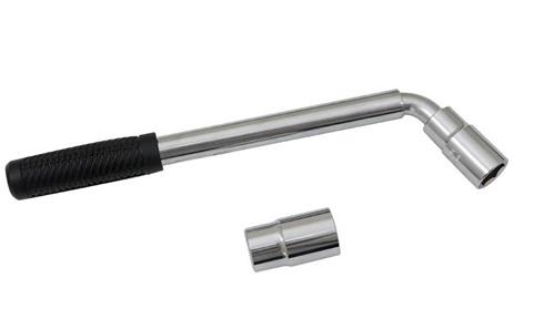 Cheie telescopică pentru roți PETEX, extensibilă de la 350 mm la 510 mm, cu două tubulare de 17/19 mm și 21/23 mm, mâner acoperit cu cauciuc.