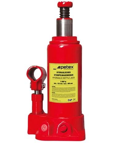 Cric hidraulic tip butelie PETEX, capacitate ridicare 3 tone, înălțime cursă 168-326 mm, roșu, manetă cu 2 părți