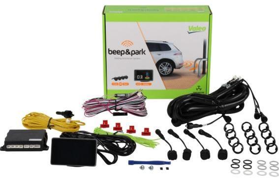 Set 4 senzori parcare cu alarmă sonoră VALEO 632201, 12V, instalare față/spate, ecran LCD, compatibil cu vehicule dotate cu cârlig de remorcare