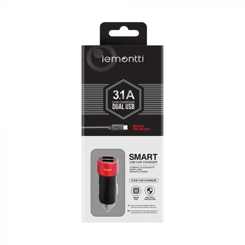Încărcător auto pentru telefon LEMONTTI, 3.1 A, dual USB, microUSB, negru-roșu, model 6420628041621AE.