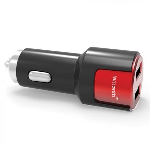 Încărcător auto pentru telefon LEMONTTI, 3.1 A, Qualcomm 3.0, cu două porturi USB și microUSB, culoare negru-roșu