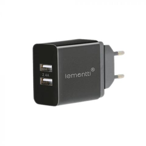 Încărcător de rețea pentru telefon LEMONTTI, 2.4 A, dual USB, negru
