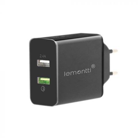 Încărcător de rețea pentru telefon LEMONTTI, Quick Charge, dual USB, negru, model 6420628041652AE