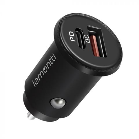 Încărcător auto pentru telefon LEMONTTI, USB Type-C + USB Quick Charge, 30W, negru (cod: 6420628063975AE)