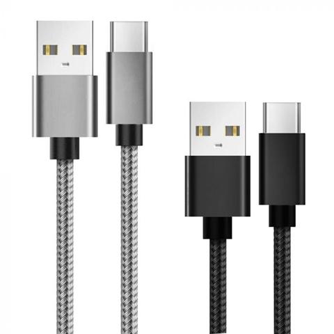 Set 2 cabluri telefon LEMONTTI model 6420628064040AE, USB la USB Type-C, lungime de 0.5 metri și 1 metru, cu împletitură din nylon, culori gri și negru.