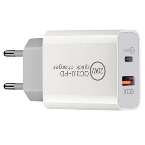 Încărcător de rețea pentru telefon LEMONTTI, USB Type-C + USB, Quick Charge 20 W, alb