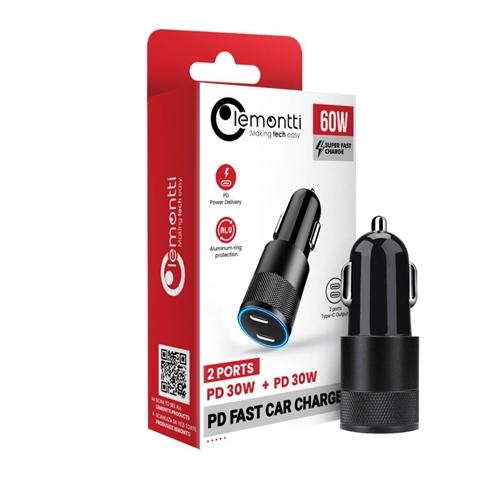 Încărcător auto LEMONTTI 60W, Super Fast Charge, 2 x 30W Type-C, negru