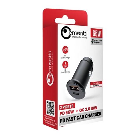Încărcător auto LEMONTTI, Super Fast Charge, 65W, 1 x USB-C 65W, 1 x USB-A QC3.0, negru