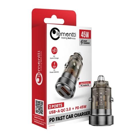 Încărcător auto LEMONTTI 45W, Super Fast Charge, cu porturi 1 x Type-C 45W și 1 x USB-A QC3.0, transparent/negru